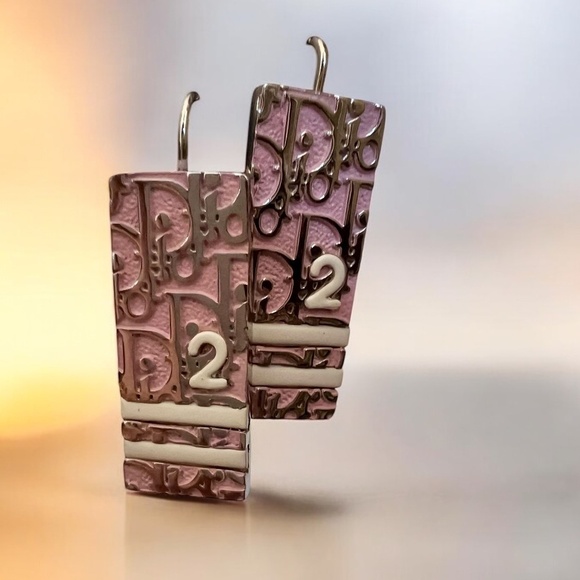 Christian Dior Vintage y2k Girly Pink Trotter Logo 2000s Dangle Earrings - Picture 1 of 7